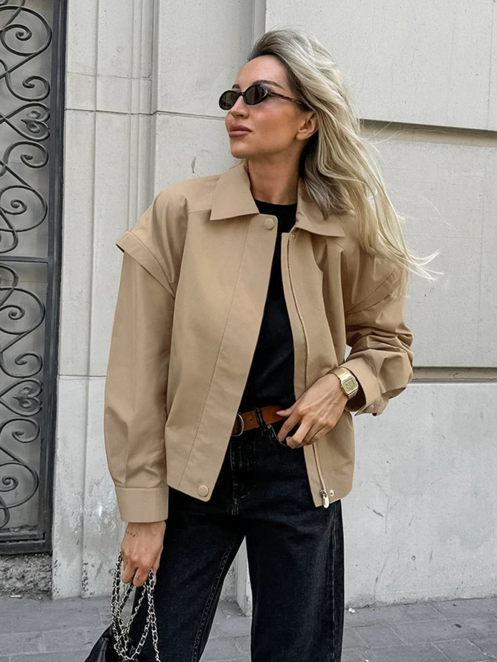 Forever 21 Khaki Trench Coat Collar Workwear Bomber Jacket Loose